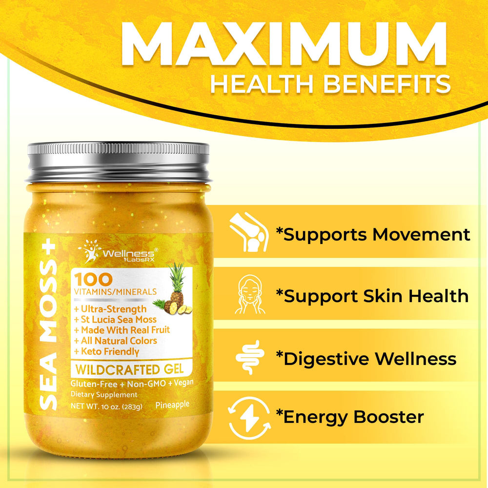 Wellness LabsRx sea moss gel pineapple flavor label, easy addition to meals.