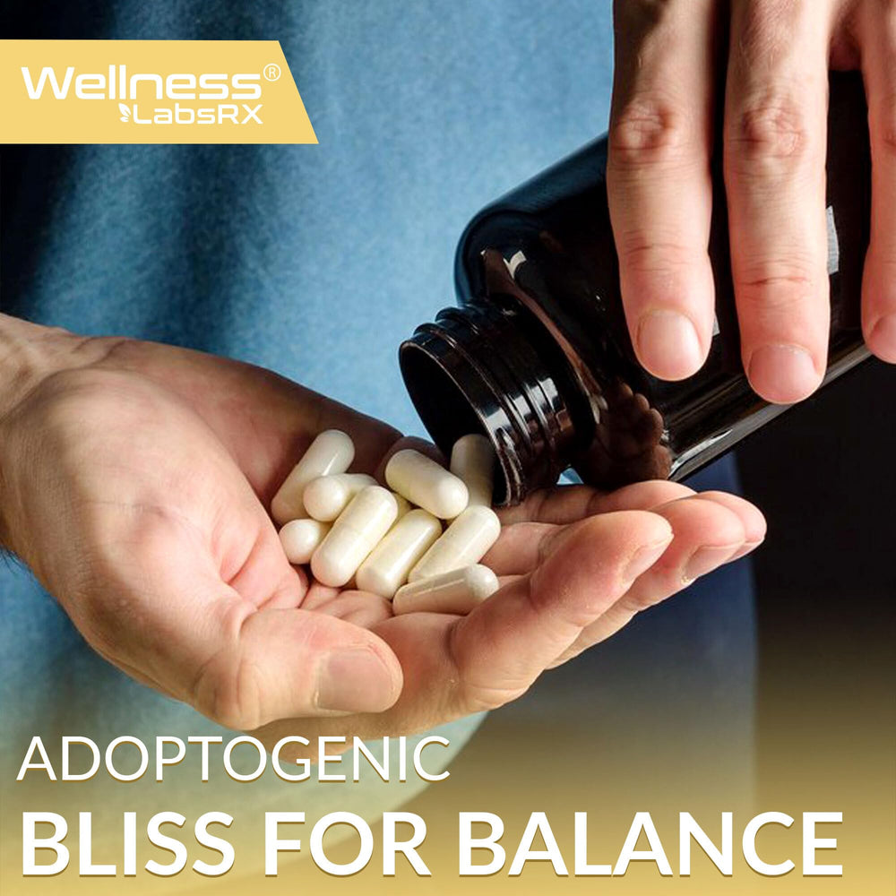 Glass bottle with WELLNESS LABSRX Lions Mane capsules emphasizes daily brain health ritual.