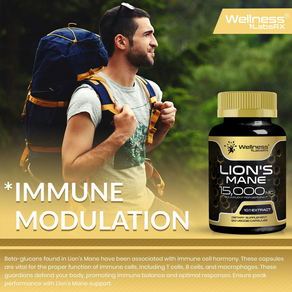 WELLNESS LABSRX Lions Mane capsules ingredient panel close-up shows organic ingredients.