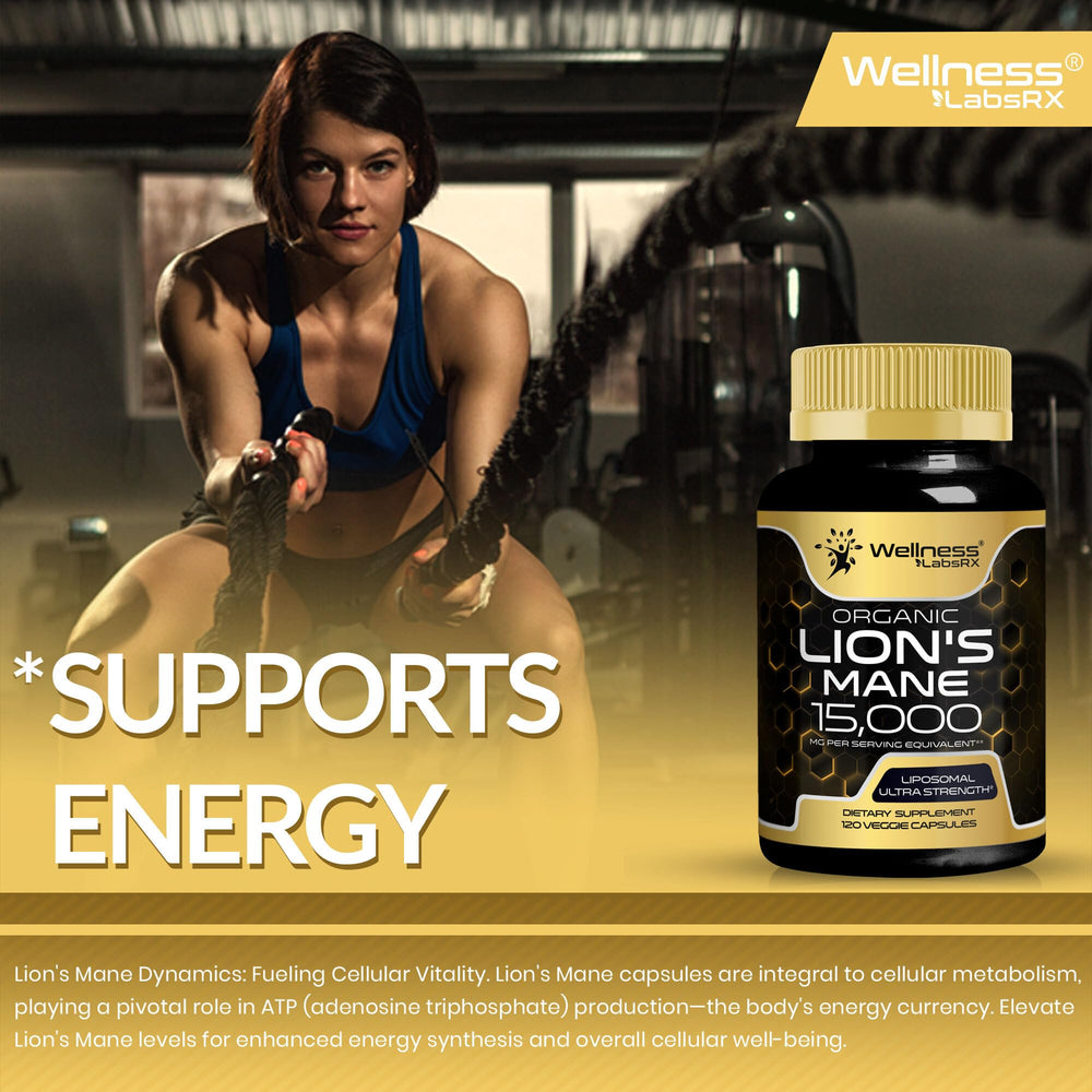 Lions Mane capsules arranged with WELLNESS LABSRX for a daily routine.