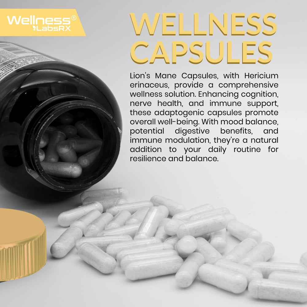 WELLNESS LABSRX Lions Mane capsules ingredient panel shows organic Lion's Mane and beta-glucans.