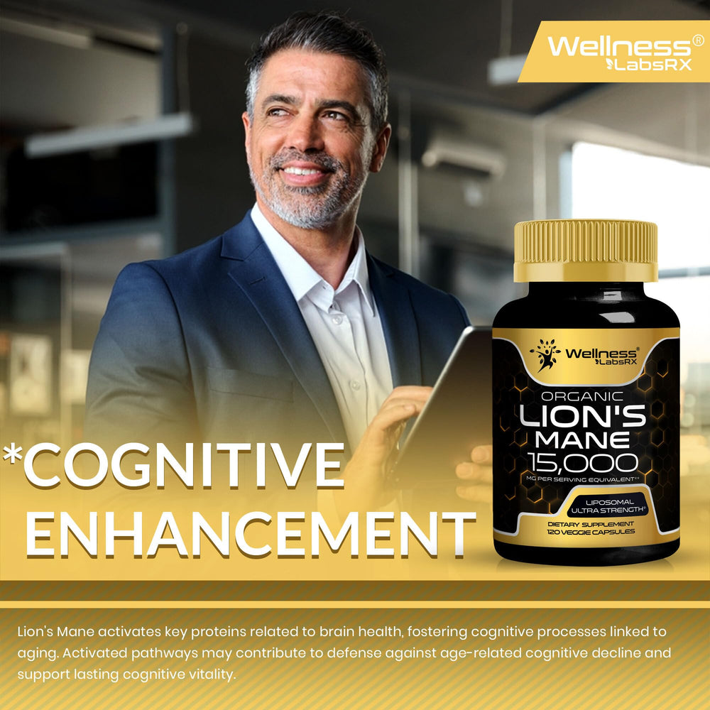 Sealed WELLNESS LABSRX Lions Mane capsules with gluten-free label.