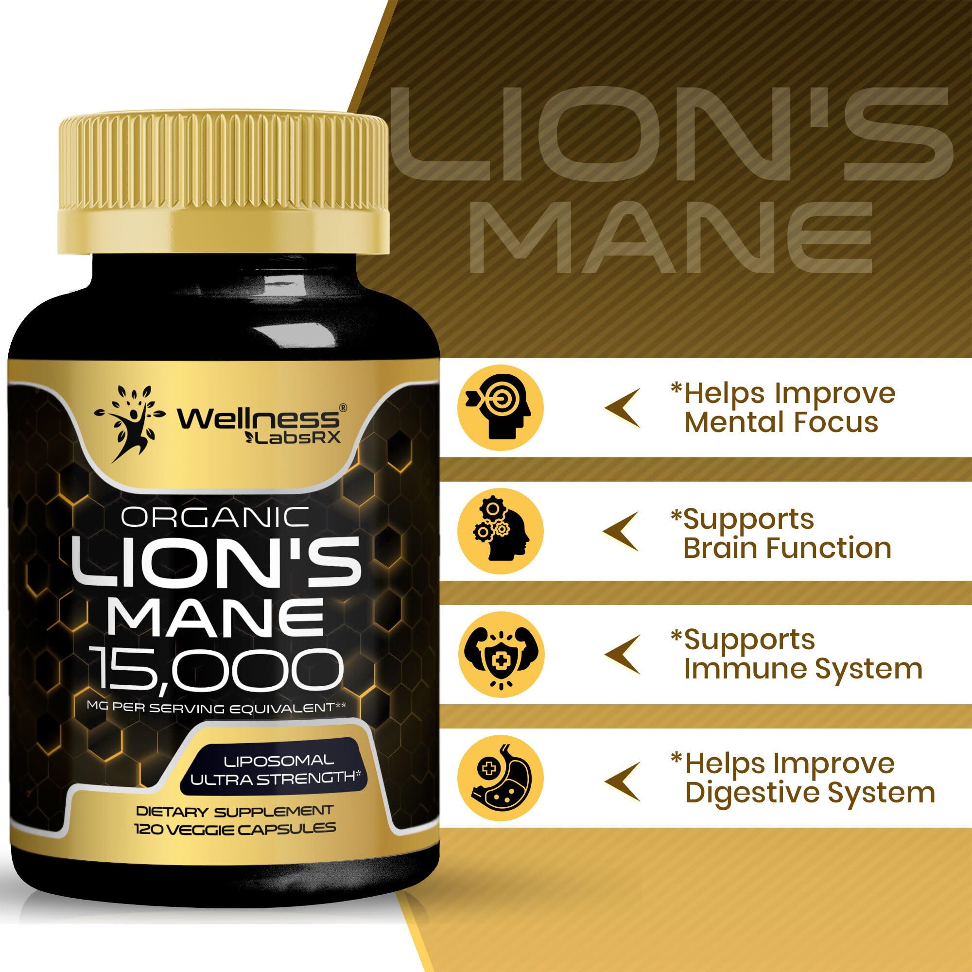 WELLNESS LABSRX Lions Mane capsules on shelf signaling premium focus and immune support.