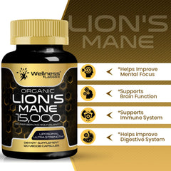 WELLNESS LABSRX Lions Mane capsules on shelf signaling premium focus and immune support.