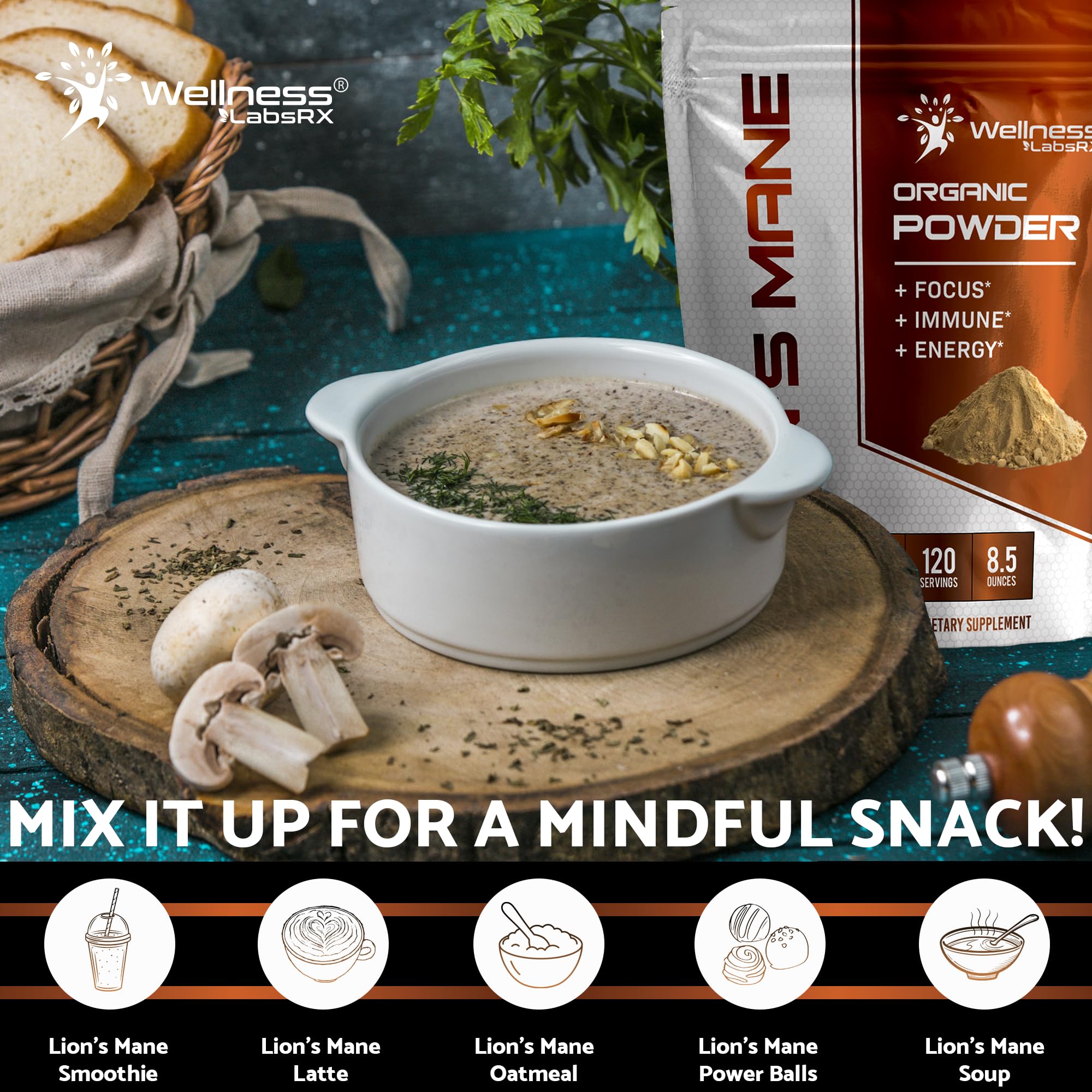 Lions Mane powder label emphasizes organic purity and gluten-free profile