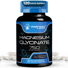 WELLNESS LABSRX magnesium glycinate bottle highlighting high absorption for daily calm.