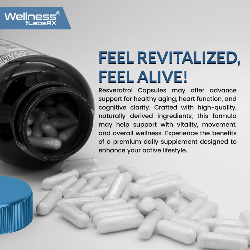 Wellness LabsRx Resveratrol capsules close-up emphasizing easy-to-swallow form