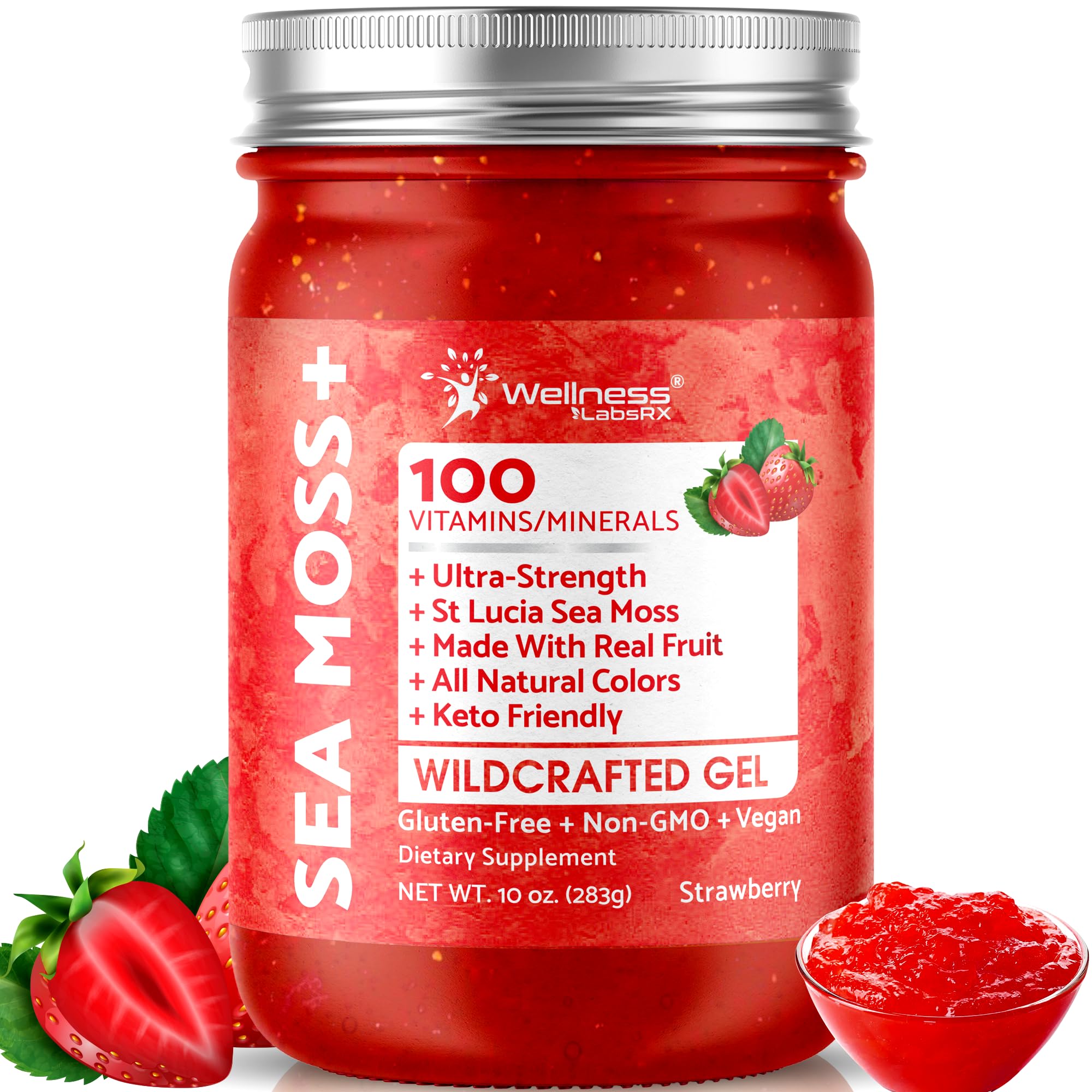 Wellness LabsRx sea moss gel strawberry bottle for daily wellness support.