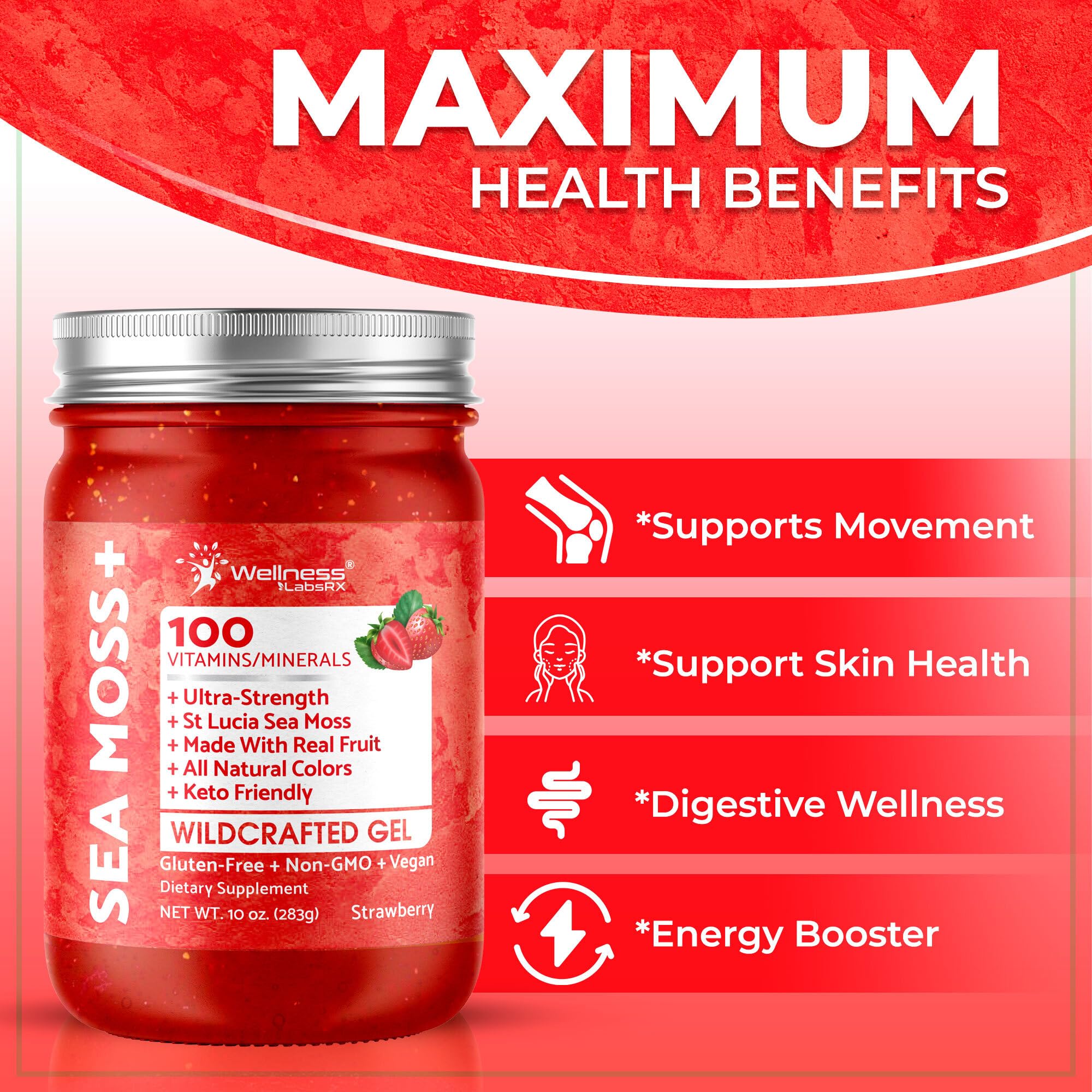 Wellness LabsRx sea moss gel strawberry jar for convenient daily use.
