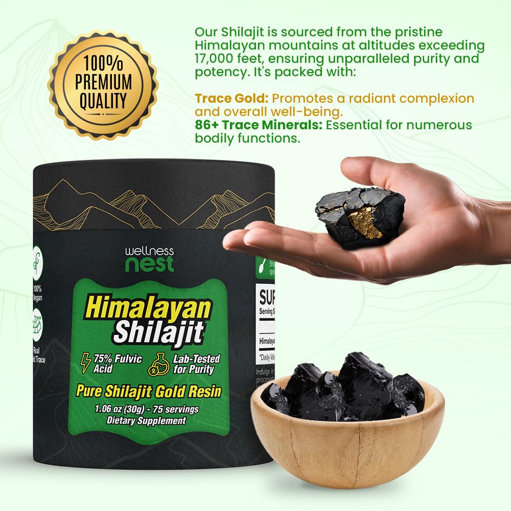 Visible gold flecks in Wellness Nest Shilajit Resin signaling premium formulation