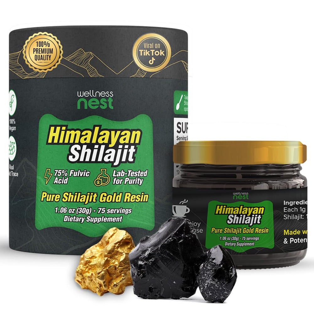 Wellbeing ritual with Wellness Nest Gold Shilajit Resin jar showing 24k gold within