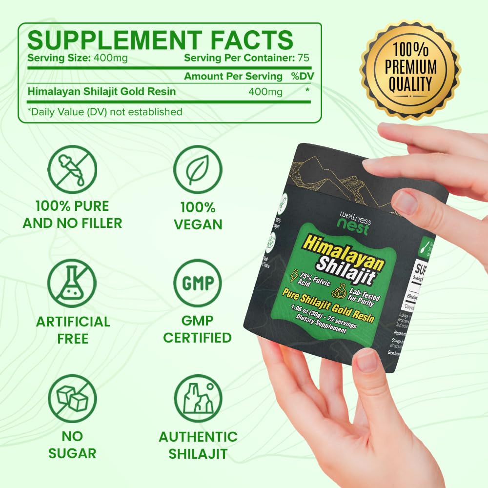 Packaging of Wellness Nest Gold Shilajit Resin highlighting safety and purity