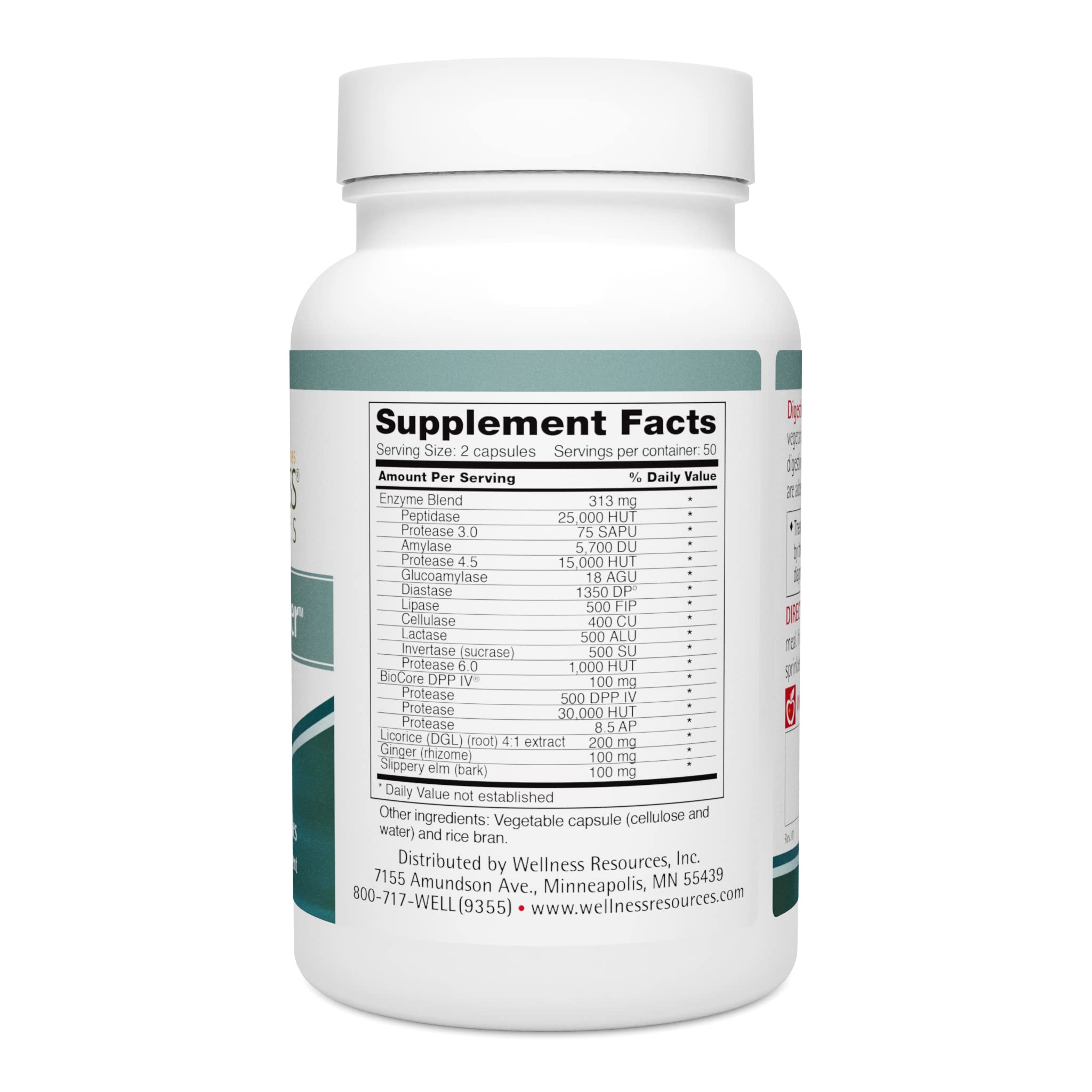 Digestive Helper label close-up highlighting the 14-enzyme blend