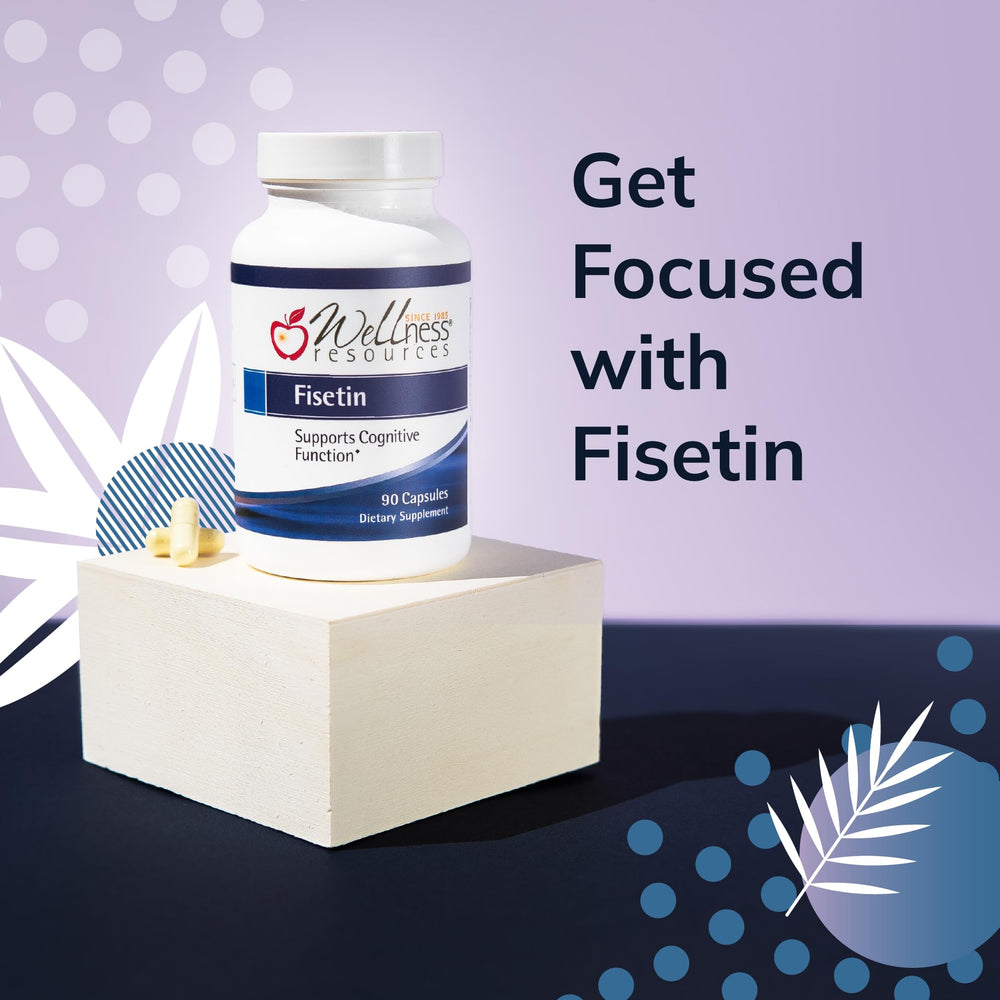 Wellness Resources Fisetin packaging highlights gluten-free and vegan attributes.