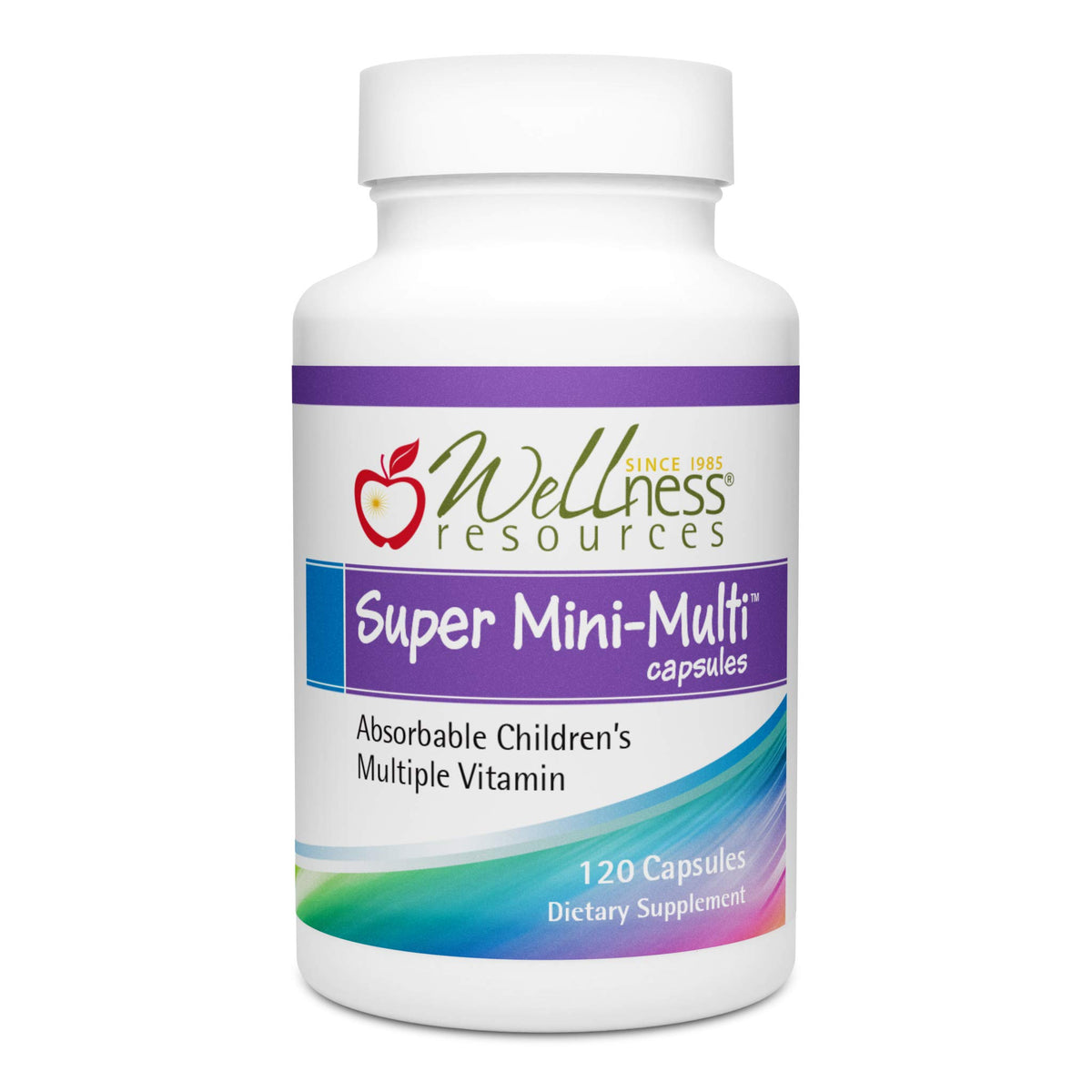 Wellness Resources Super Mini-Multi bottle supports daily growth and focus for kids.