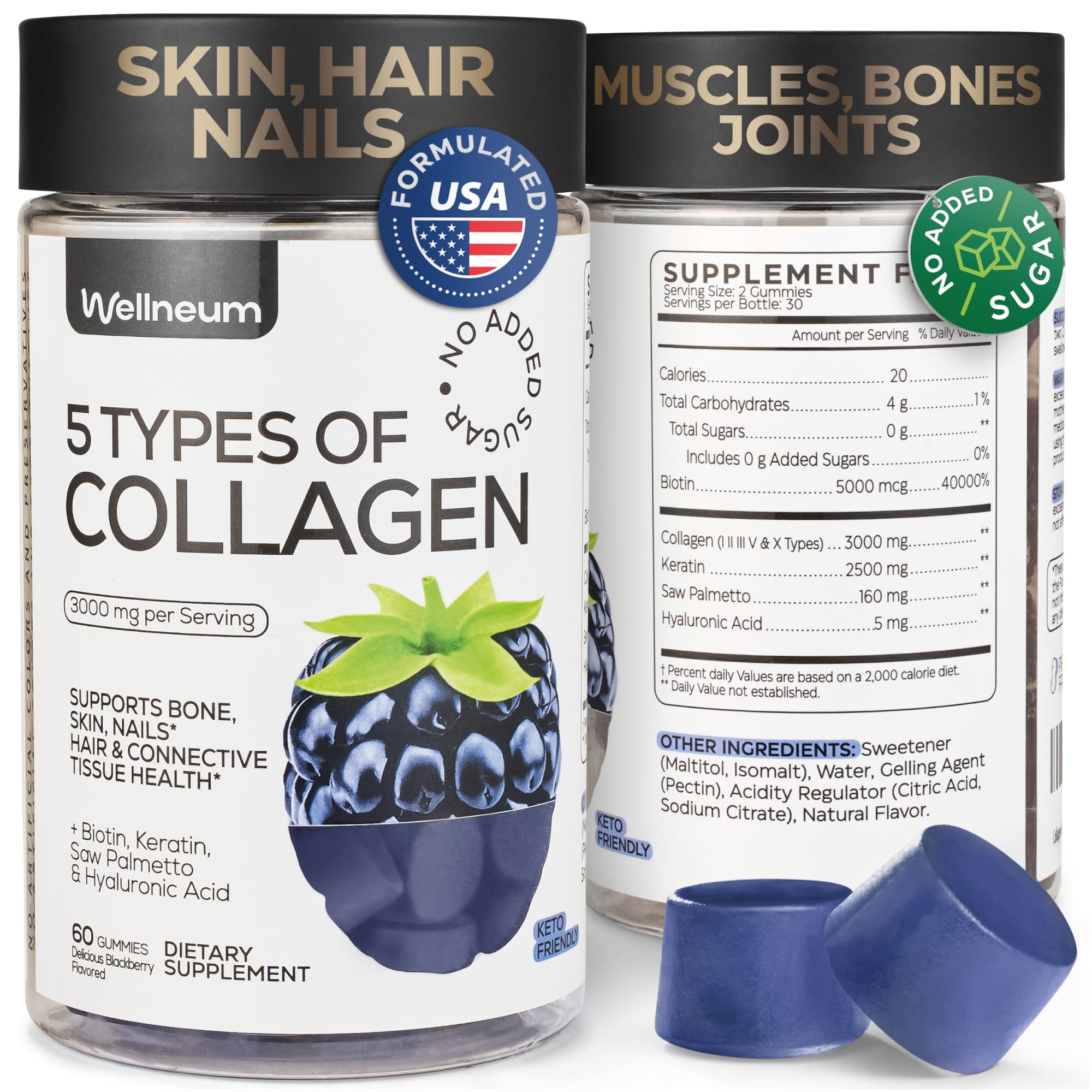 Wellneum Collagen Peptide Gummies bottle with blackberry flavor for daily beauty support.