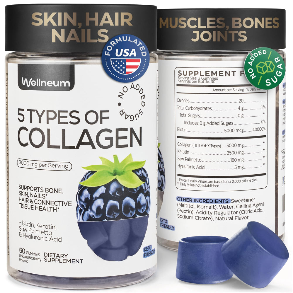 Wellneum Collagen Peptide Gummies bottle with blackberry flavor for daily beauty support.