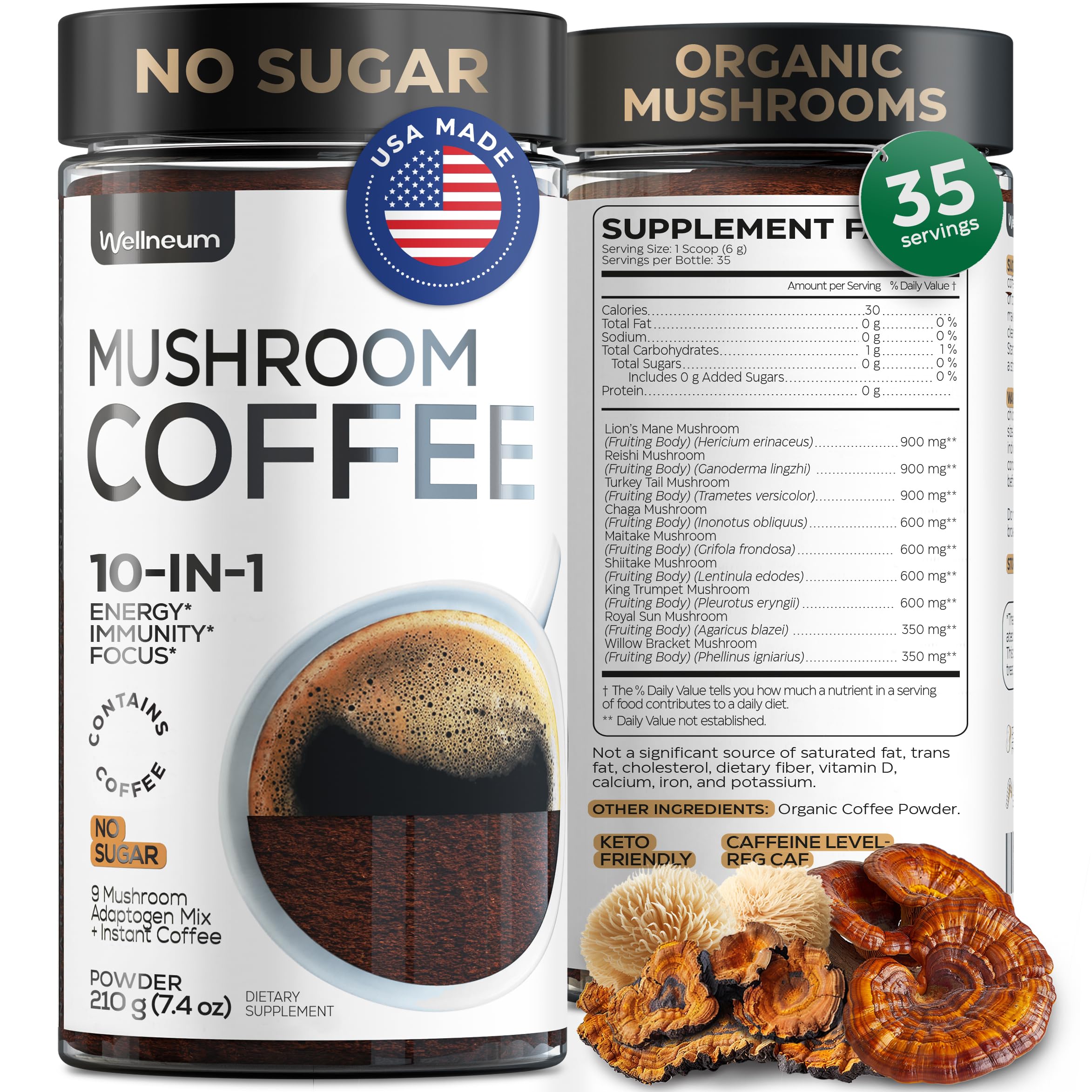 Wellneum Mushroom Coffee packaging with logo and sugar-free energy potential.