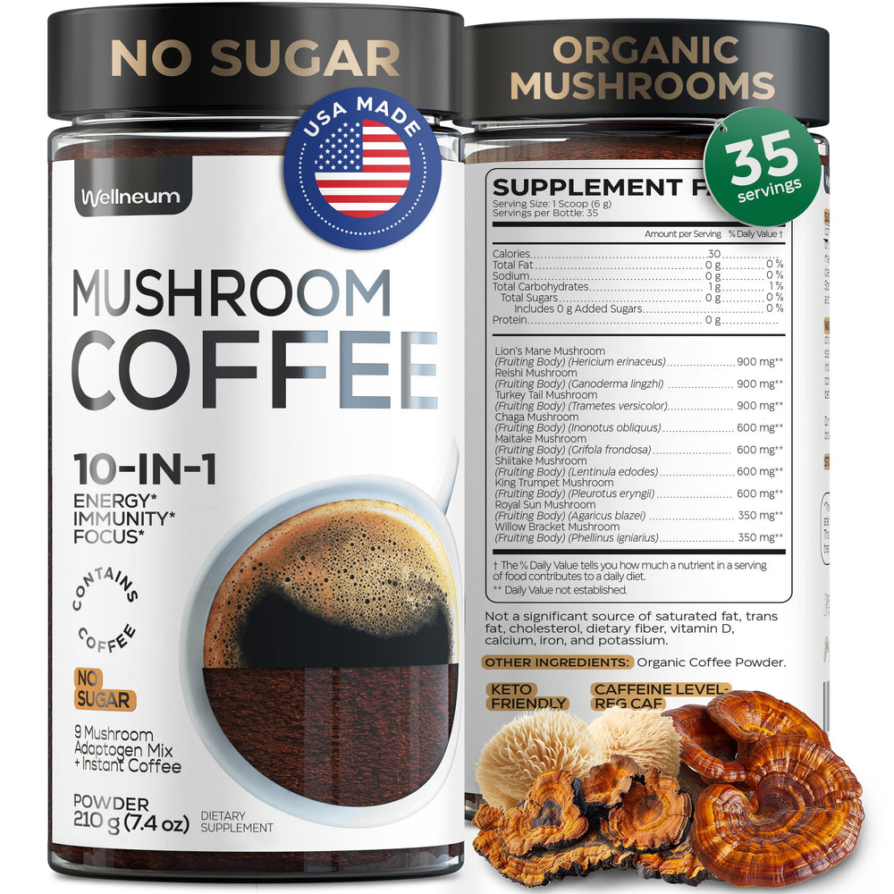 Wellneum Mushroom Coffee packaging with logo and sugar-free energy potential.