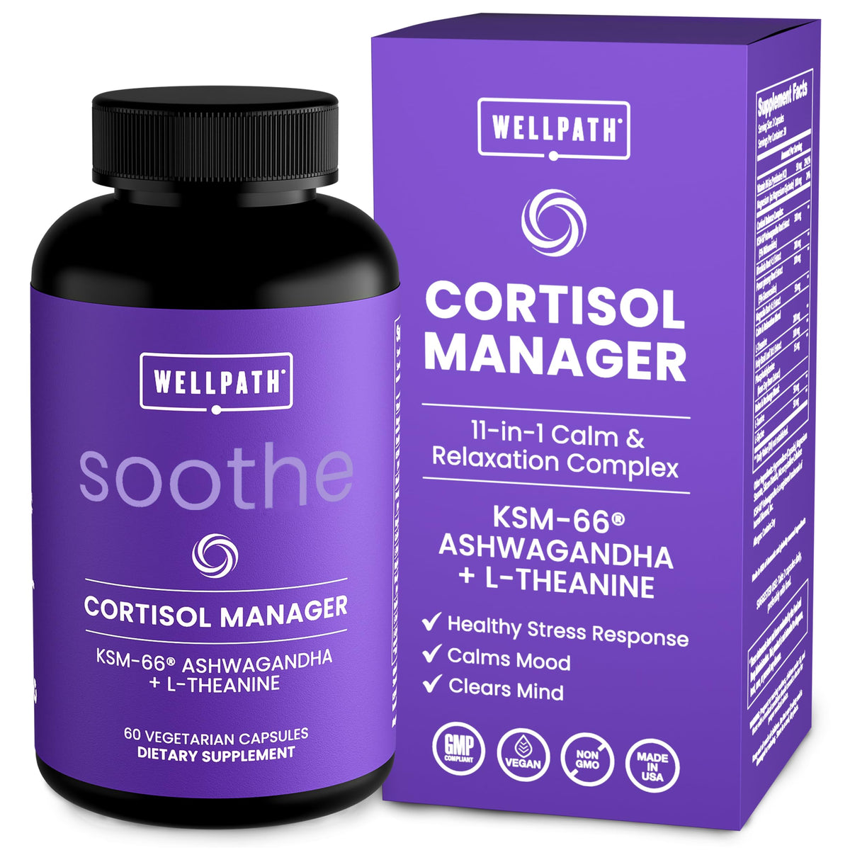 WellPath Soothe bottle front view highlighting 60 capsules for daily stress support.