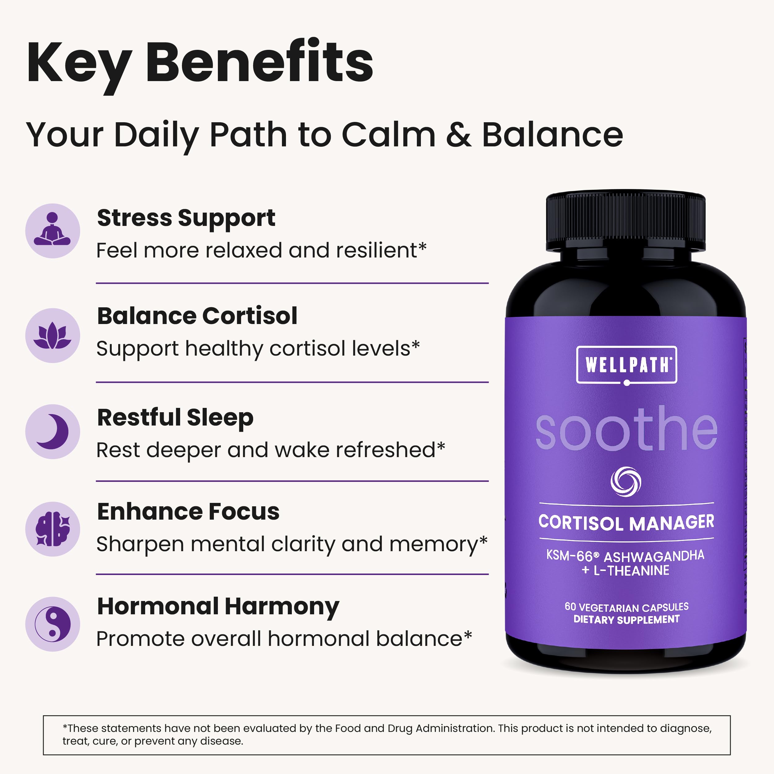 WellPath Soothe label closeup noting KSM-66 ashwagandha potency for calm mood.