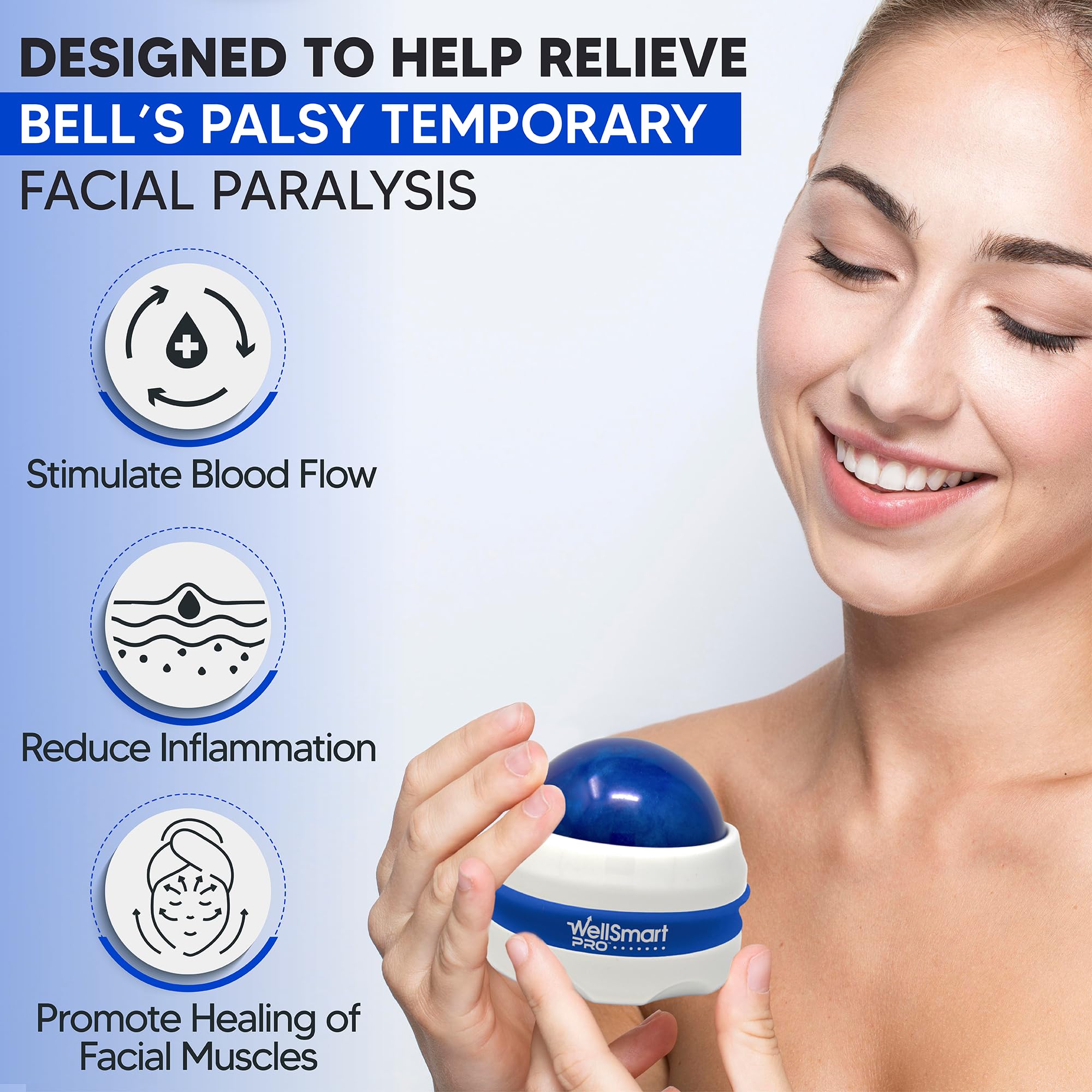 WellSmart Pro eye-cheek massage action, promotes relaxation of tense facial muscles.