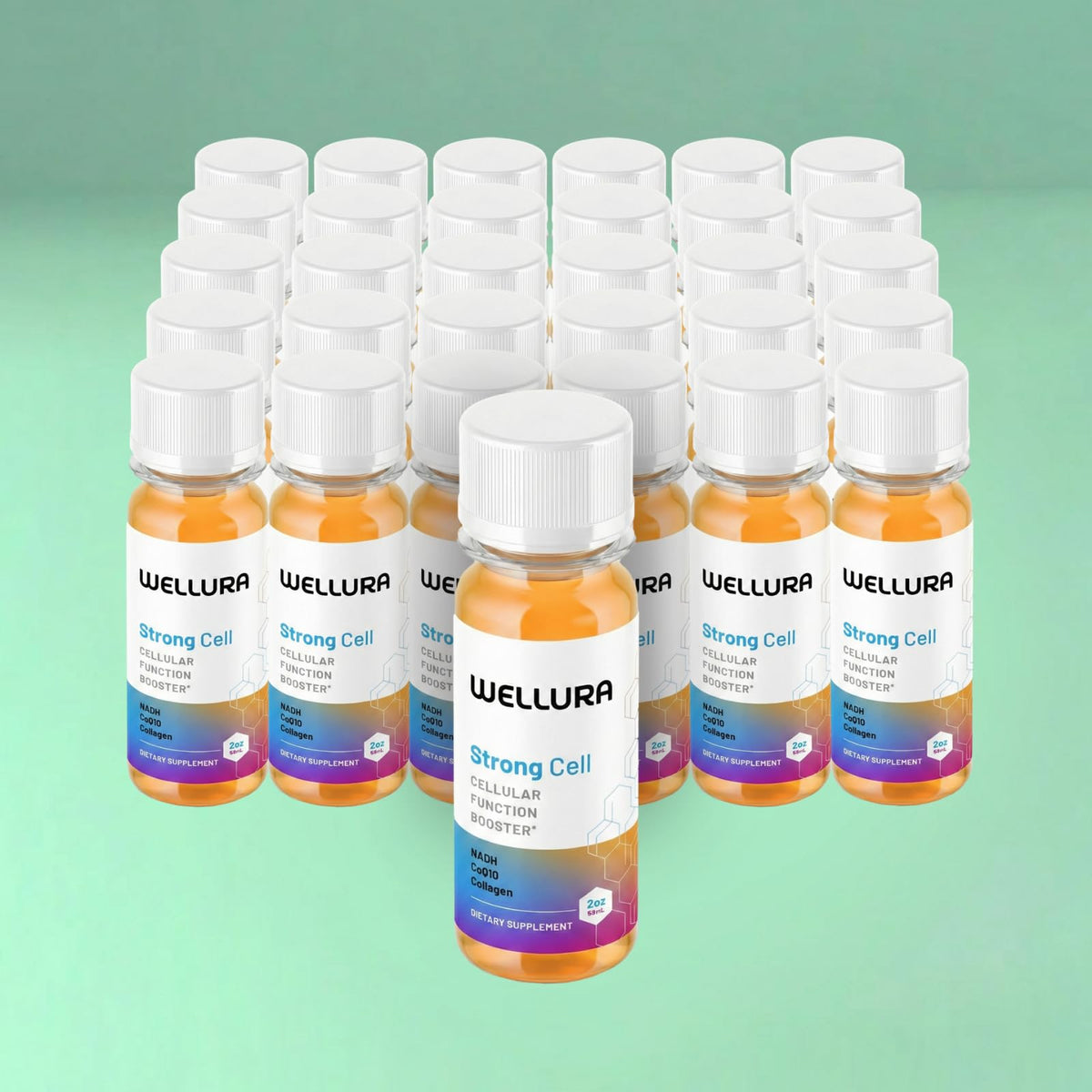 Wellura Strong Cell, botella vertiendo, posible impulso de energía diaria.