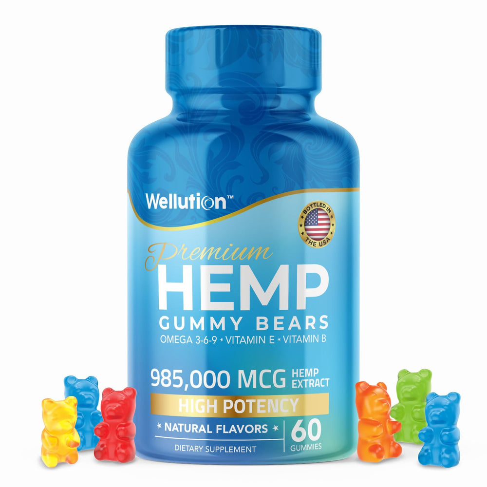 WELLUTION Hemp Gummies bottle front shows high potency and fruity flavor.