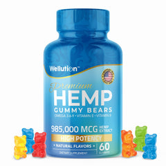 WELLUTION Hemp Gummies bottle front shows high potency and fruity flavor.