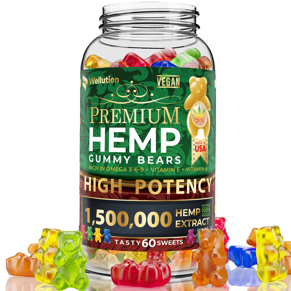 Wellution Hemp Gummies fruity bear bottle showcases vibrant flavor and balance