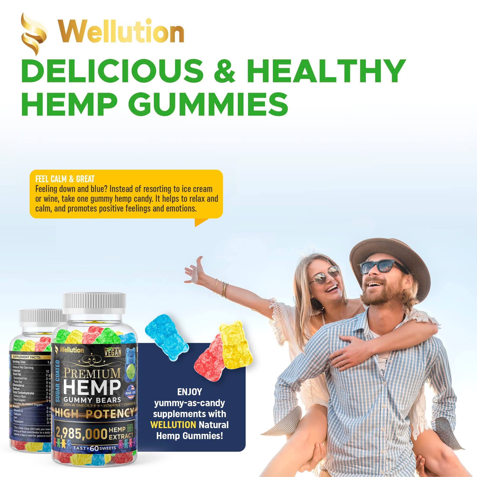 Wellution Sugar-Coated Hemp Gummies showcase vibrant fruit flavors for enjoyable daily calm.