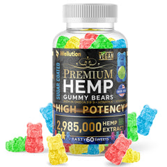 Wellution Sugar-Coated Hemp Gummies packaging shows high-potency relaxation.