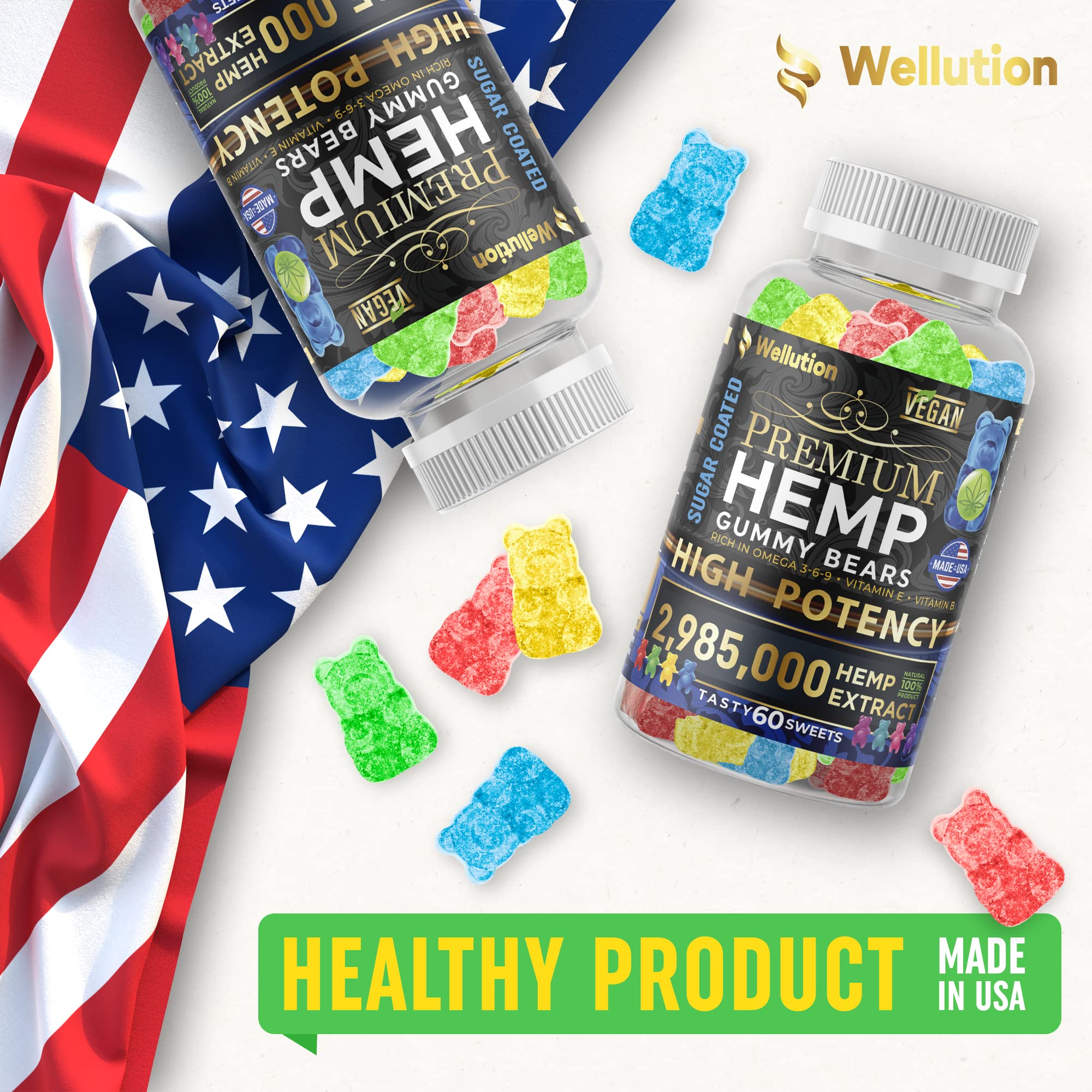 Wellution Sugar-Coated Hemp Gummies label highlights USA-made, GMP-certified quality.