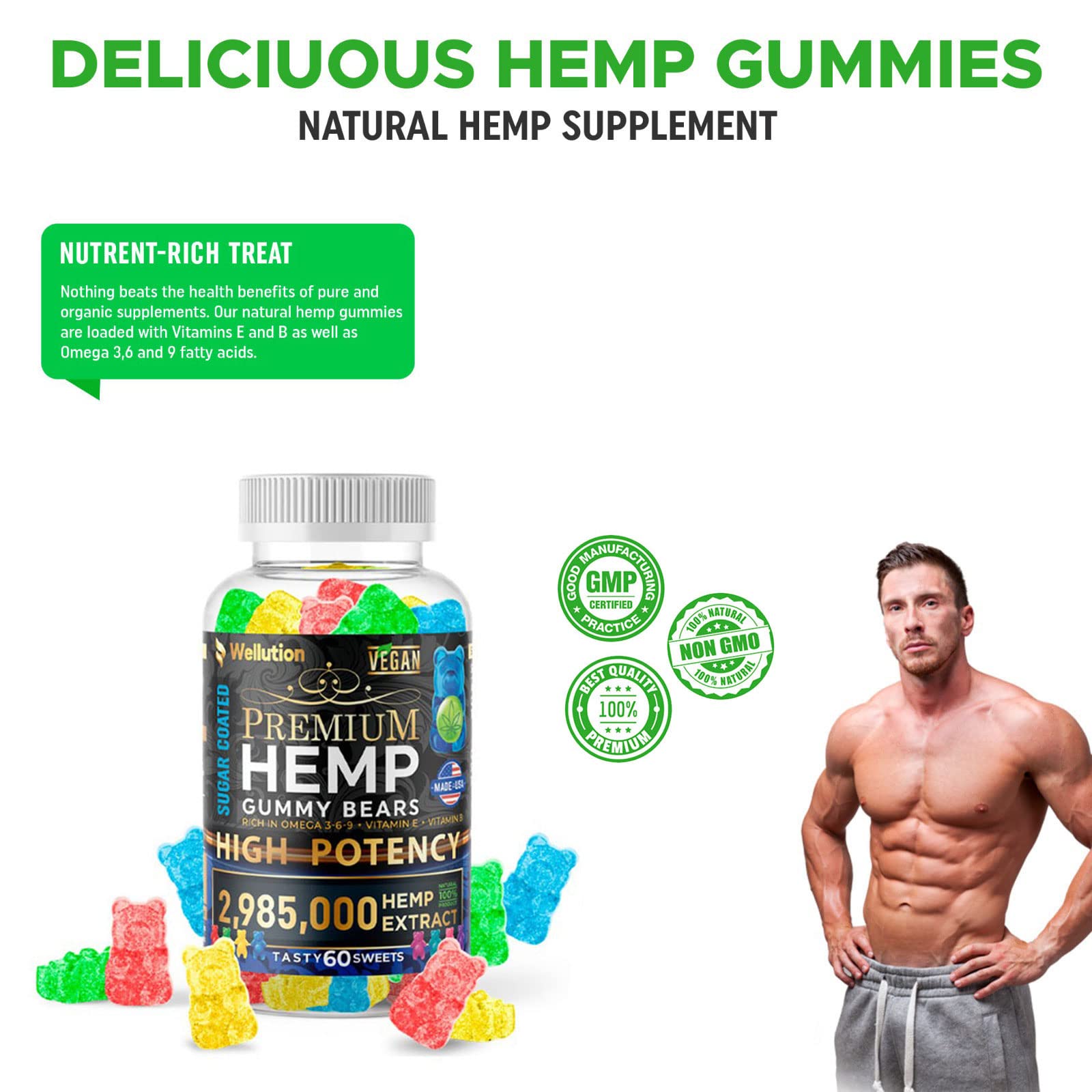 Wellution gummies beside water suggests simple daily intake.