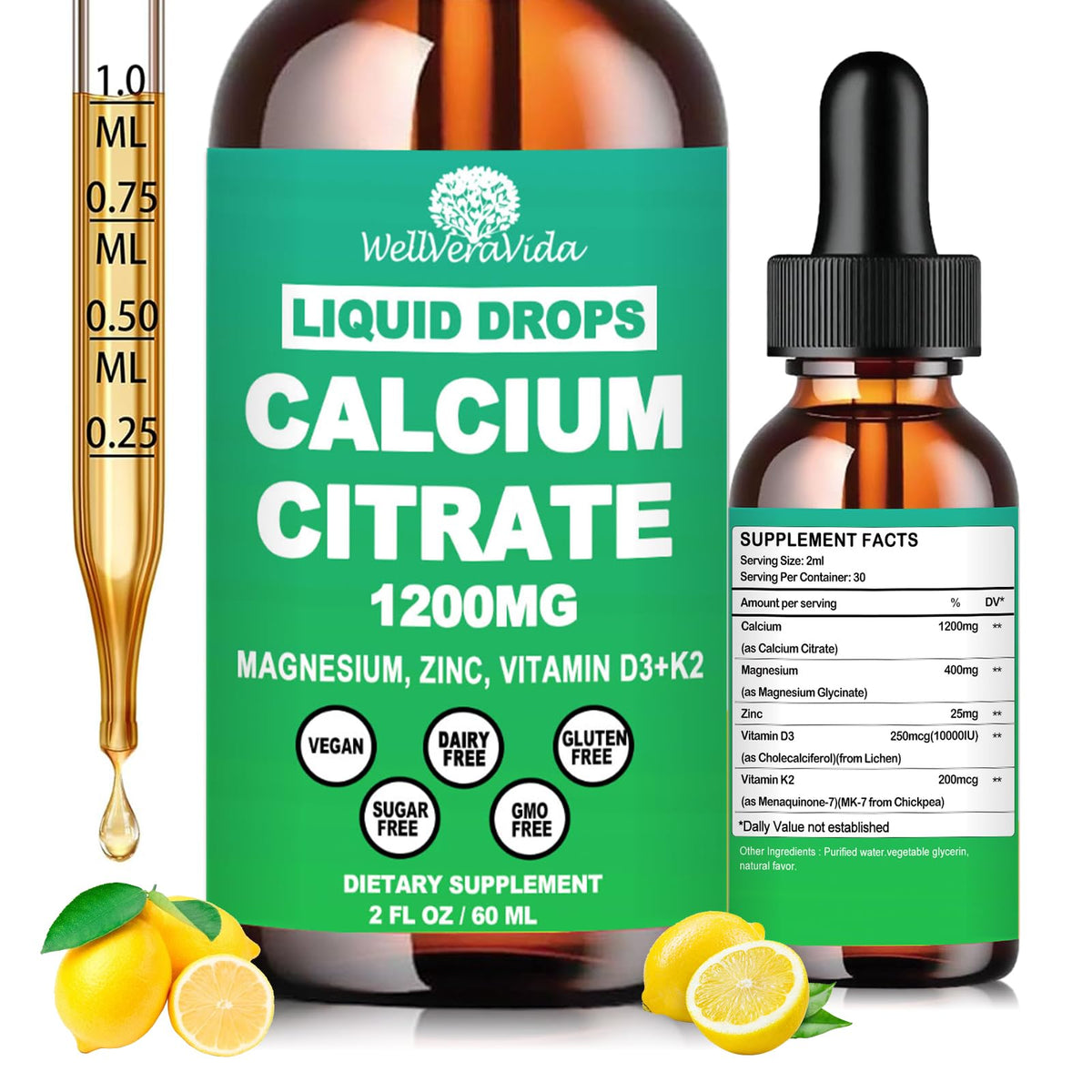 WellVeraVida Calcium Citrate Drops bottle shows high absorption formula for bone support