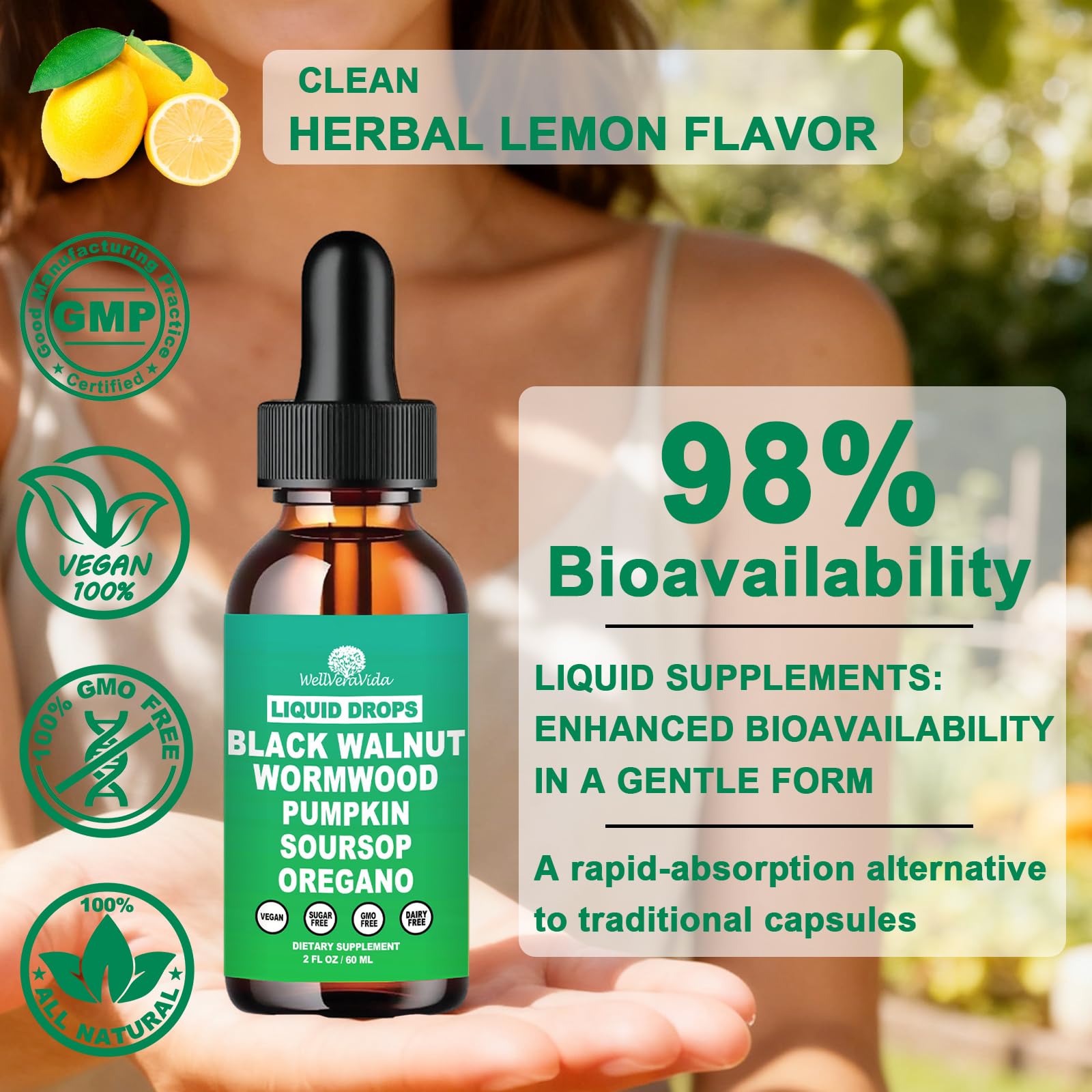 WellVeraVida organic non-GMO guarantee seal on label for quality.