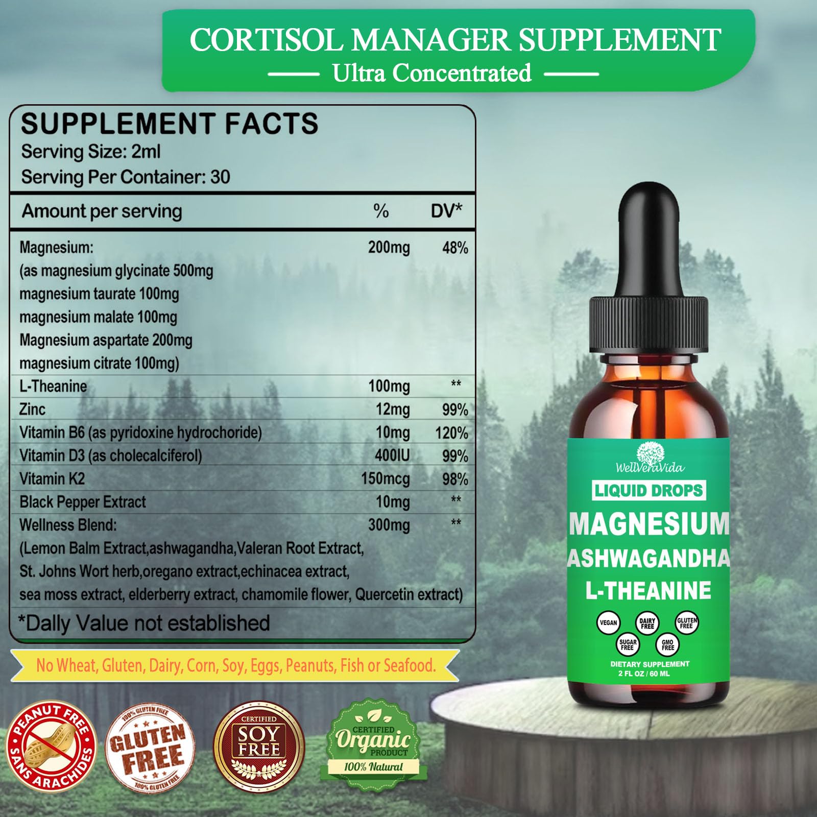 WellVeraVida liquid drops on table illustrating fast absorption and ease of use.