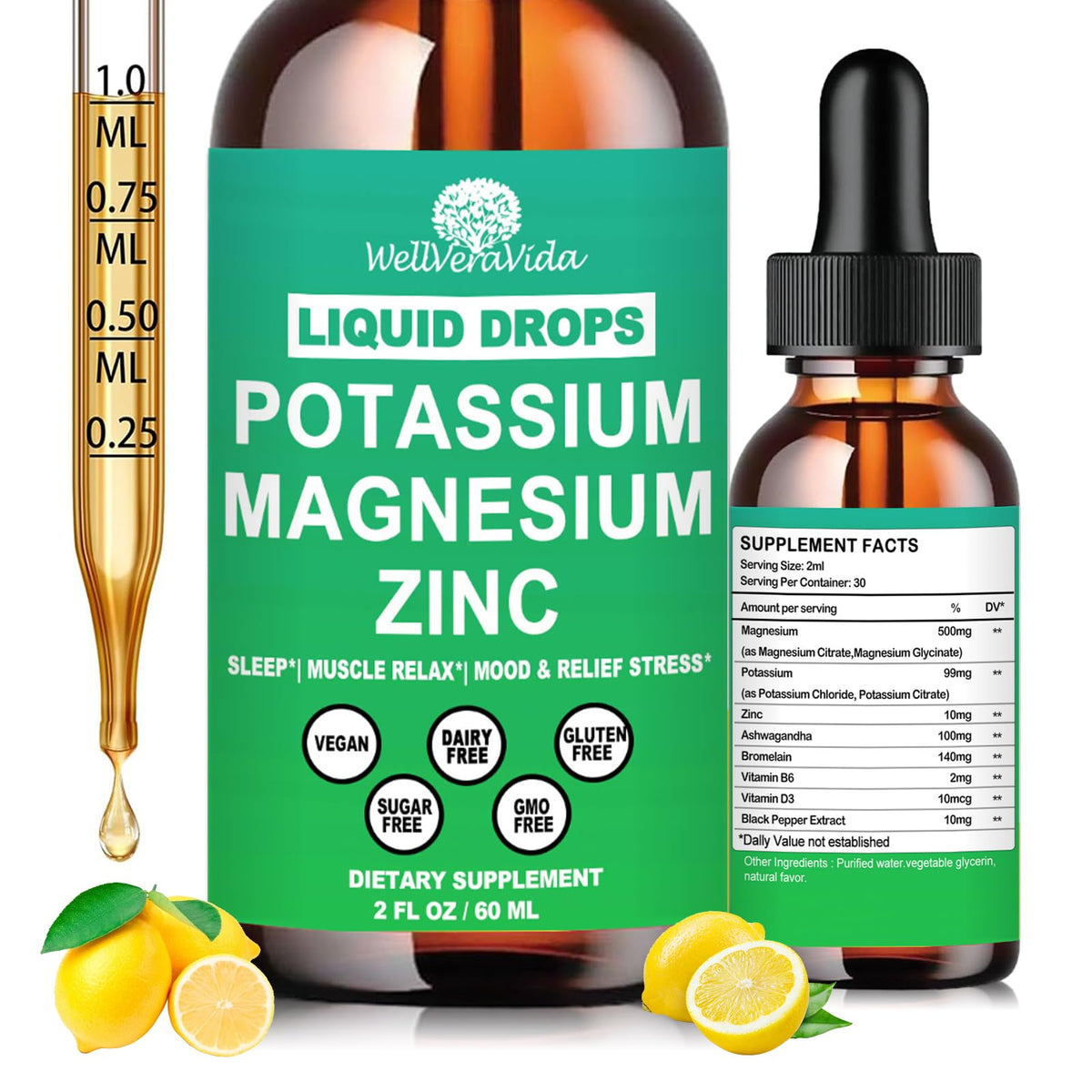 WellVeraVida potassium magnesium liquid drops bottle for convenient daily electrolyte support
