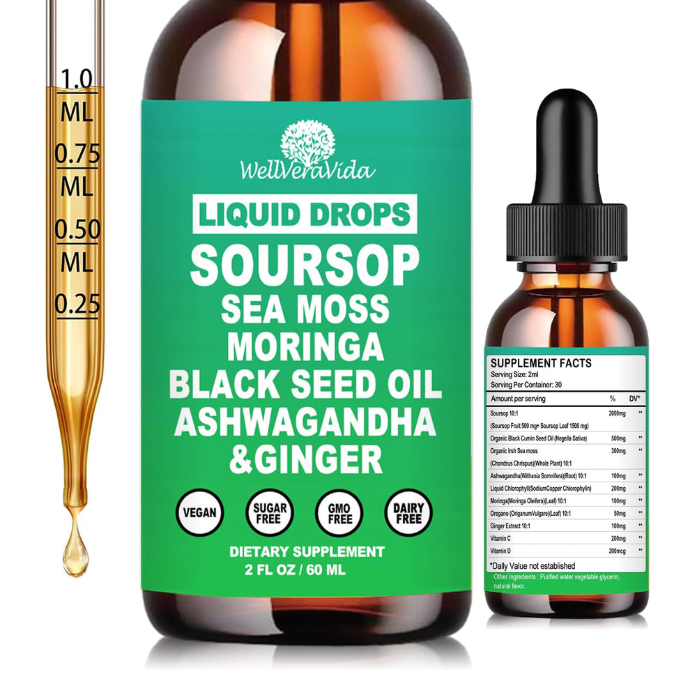 WellVeraVida Soursop Drops bottle close-up for daily energy and immune support