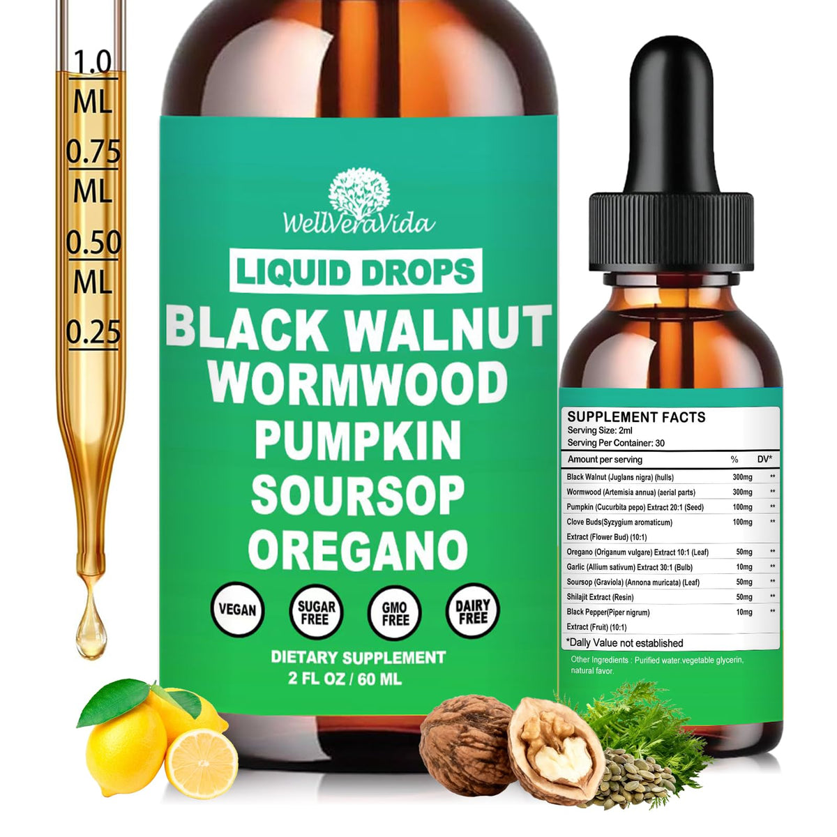 WellVeraVida Wormwood Black Walnut Cleanse Drops bottle pour for gentle detox support.