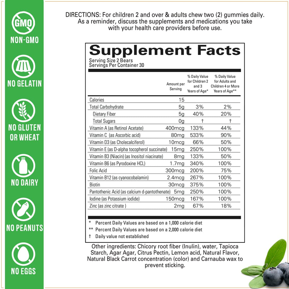 Ingredients panel emphasizes vitamins A, C, D, B6, B12 for growing kids