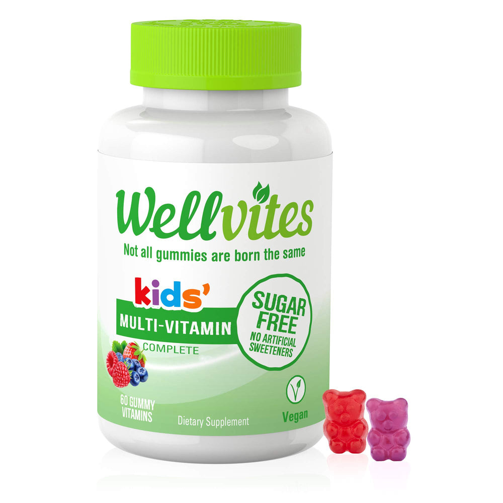 Wellvites Kids Multivitamin Gummies jar front with sugar-free vegan formula for daily nutrition