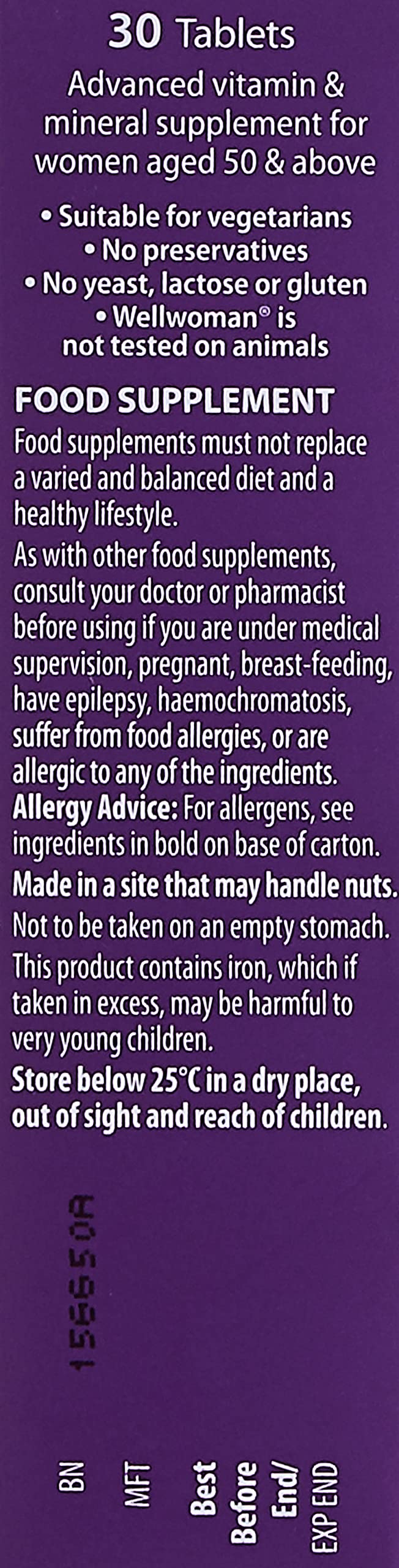 Wellwoman 50+ tablets bottle close-up for daily vegetarian-friendly use.