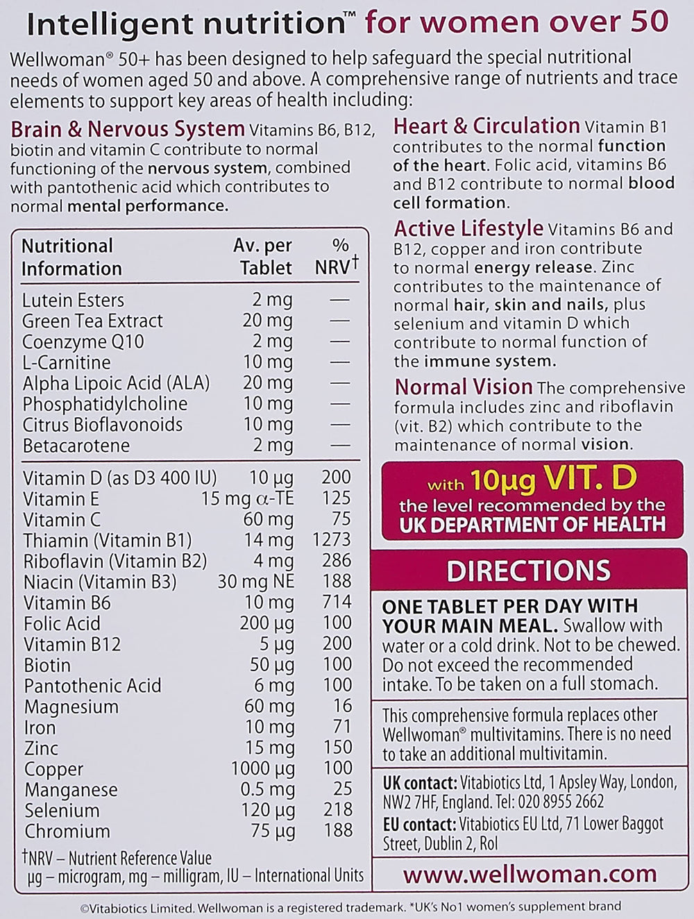Wellwoman 50+ tablets pack viewed with label highlighting brain, eye, and heart support.