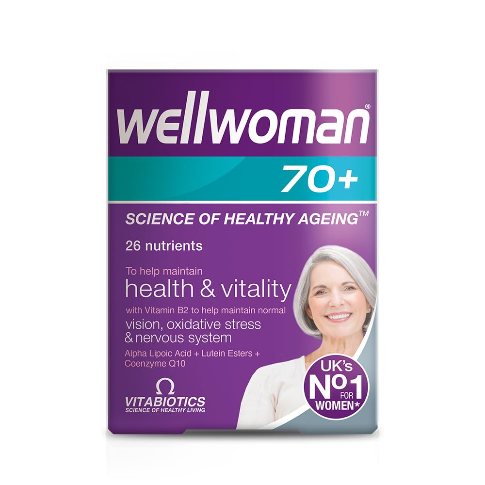 Wellwoman 70+ bottle front view with a full vitamin blend for daily wellbeing.