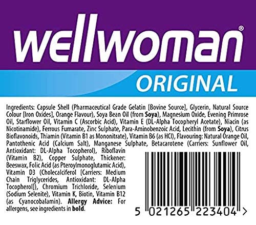 Wellwoman Original bottle label lists product name and batch information.