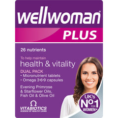 Wellwoman Plus multivitamin bottle for daily vitality support.