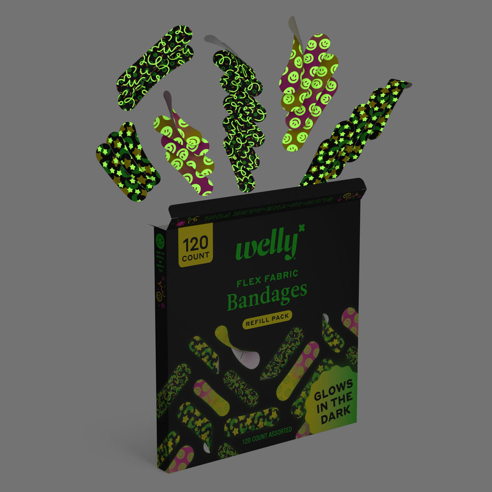 Welly clear wrapper visible, sterile bandage with easy print and size access