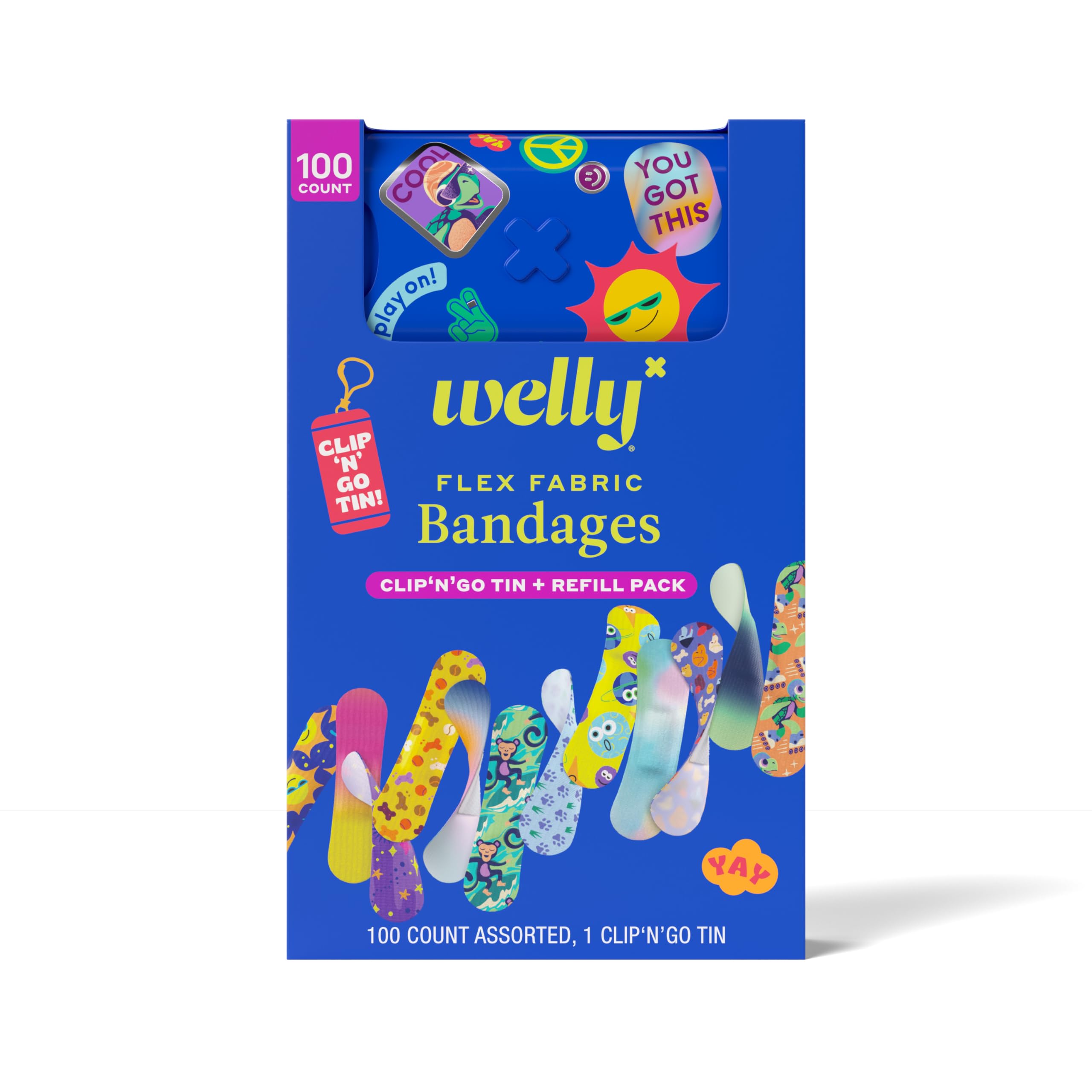 Welly Clip N' Go tin with assorted bandages for quick on-the-go first aid.