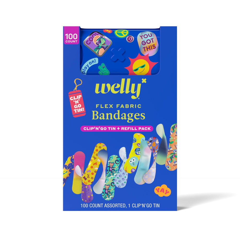 Welly Clip N' Go tin with assorted bandages for quick on-the-go first aid.